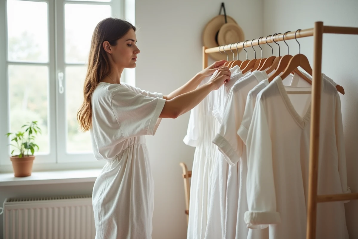 Femme suspendant une robe en lin blanc sur un séchoir en bois dans une buanderie style scandinave pour un séchage naturel