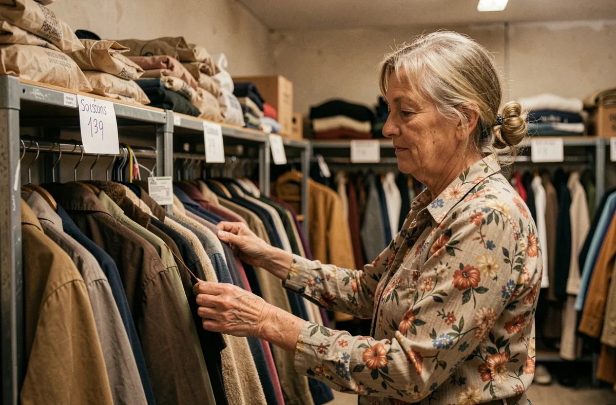 Vestiaire du Secours Populaire à Soissons avec des portants de vêtements et une cliente qui choisit un manteau d'hiver