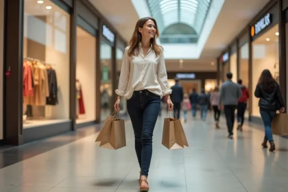 Femme faisant du shopping au centre commercial Macarthur Miramas avec des sacs de courses, ambiance détendue et économique
