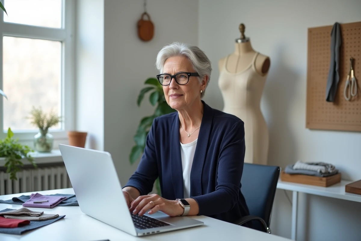 Spécialiste en retouches couture consultant une grille tarifaire mise à jour sur ordinateur dans un studio moderne