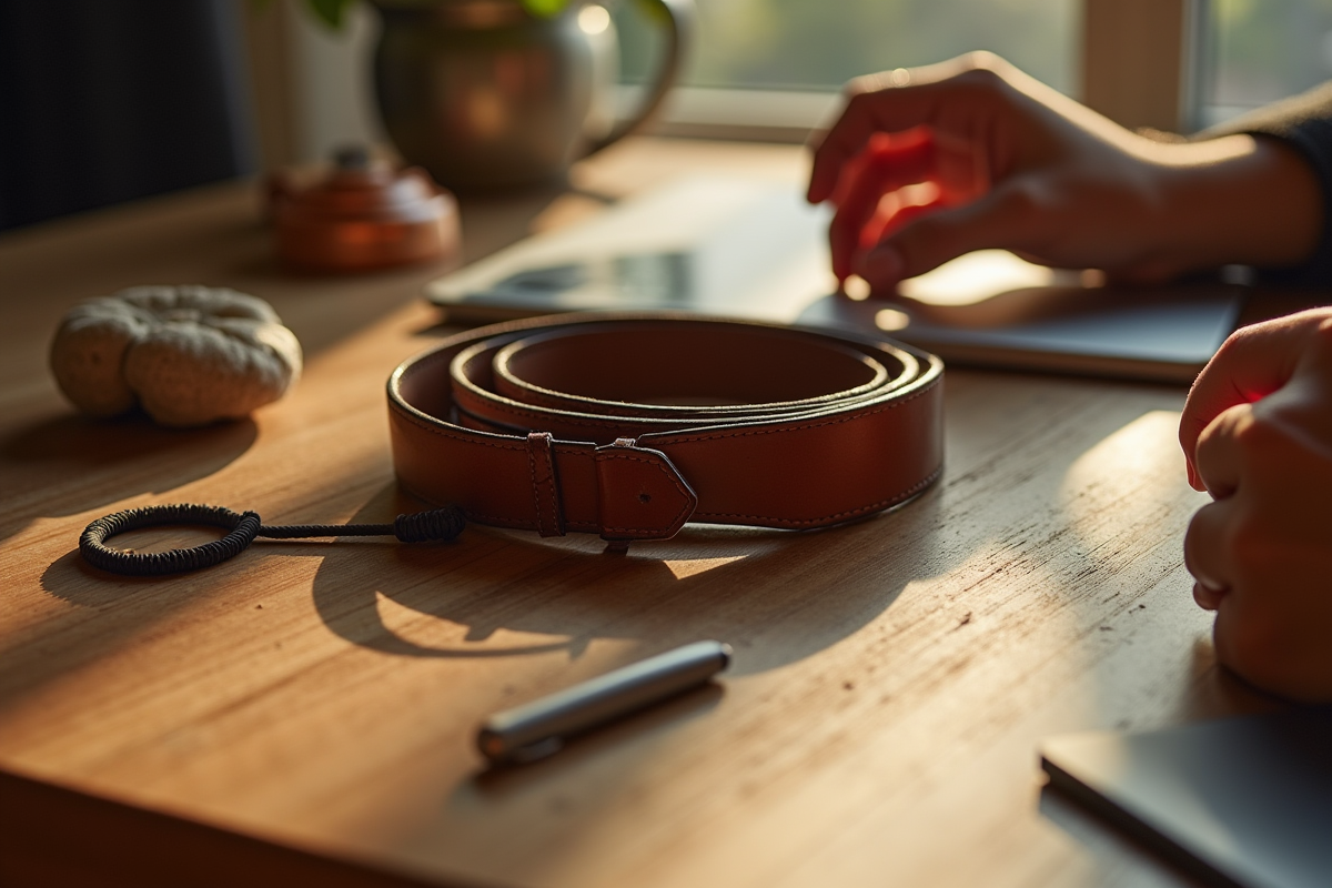 Ceinture en cuir sur table en bois avec mains et objets