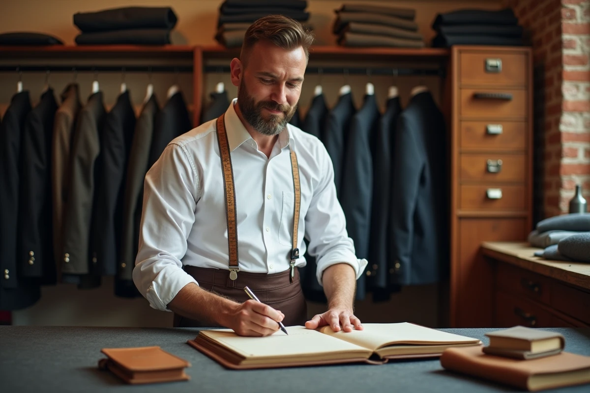 Tailleur masculin mettant à jour ses prix de retouches dans un atelier de couture professionnel