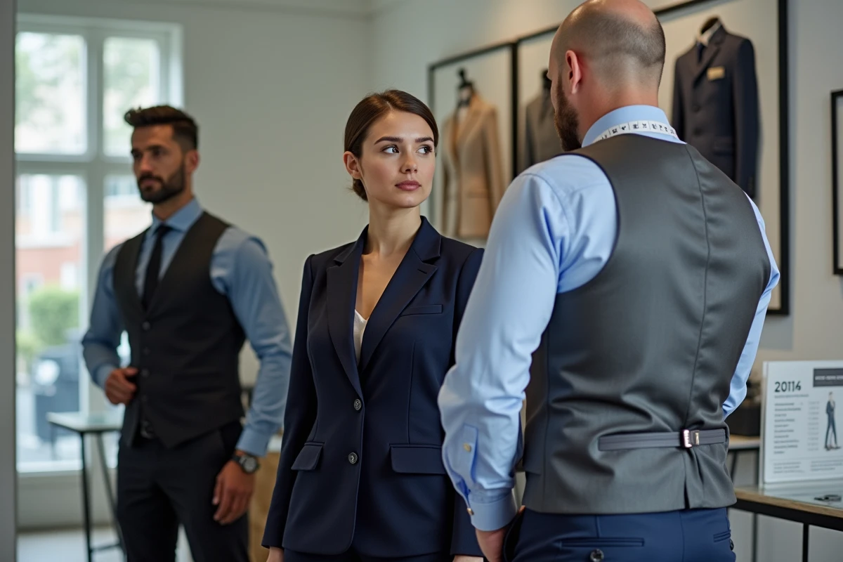 Tailleur ajustant un blazer marine sur une cliente dans une boutique de retouche moderne avec une liste de tarifs visible sur le comptoir