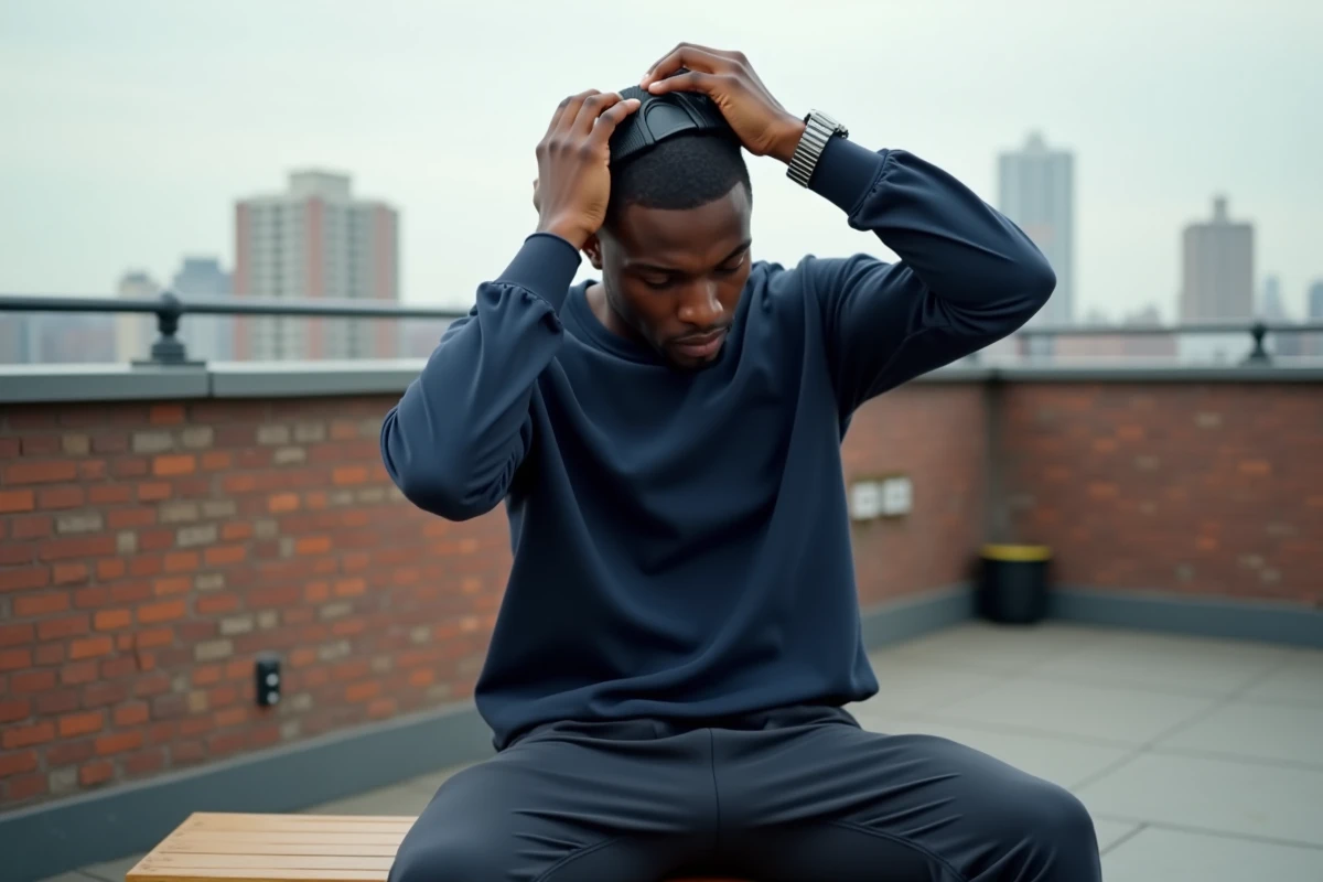 Homme appliquant un wave cap sur les cheveux sur un rooftop urbain, technique de pose pour accélérer les vagues