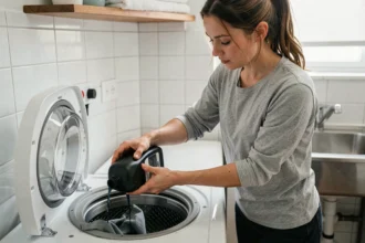 Femme versant de la teinture noire dans un lave-linge pour teindre un vêtement à la machine