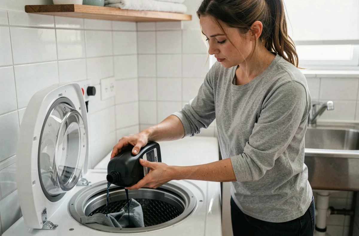 Femme versant de la teinture noire dans un lave-linge pour teindre un vêtement à la machine