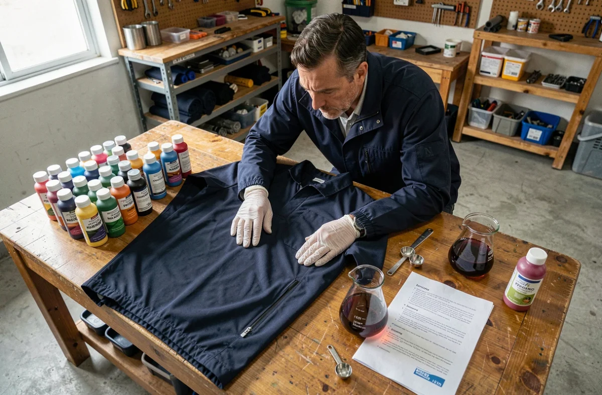 Homme préparant la teinture d'un polyester foncé avec des colorants spéciaux sur un établi
