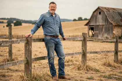 Rancher français en tenue western authentique appuyé contre une clôture en bois sur un ranch du sud-ouest de la France