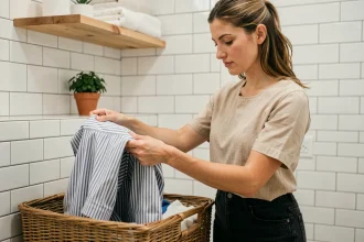 Femme qui trie des vêtements sales dans un panier en osier dans une salle de bain moderne et épurée