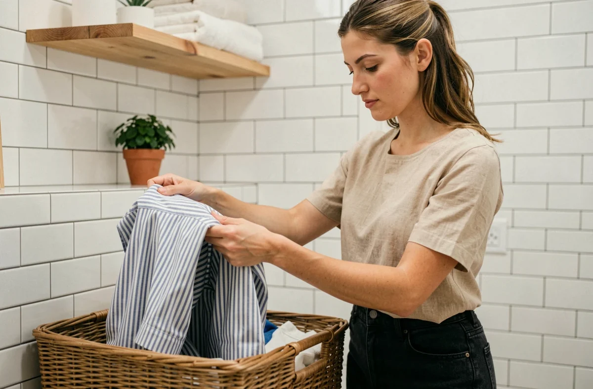 Femme qui trie des vêtements sales dans un panier en osier dans une salle de bain moderne et épurée