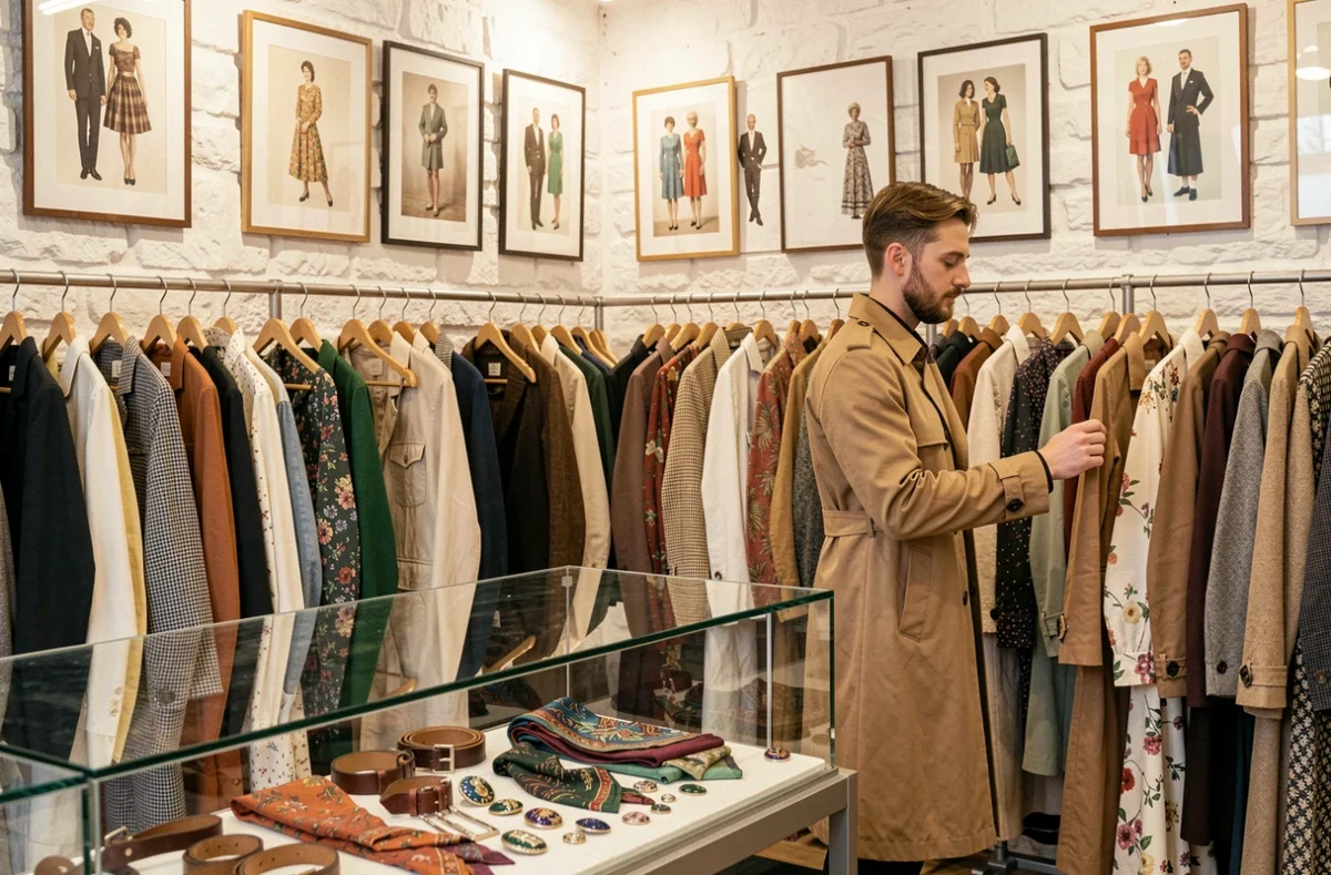 Boutique United Vintage à Annecy avec intérieur épuré, vêtements des années 70-80 sur rails minimalistes et client masculin parcourant les cintres