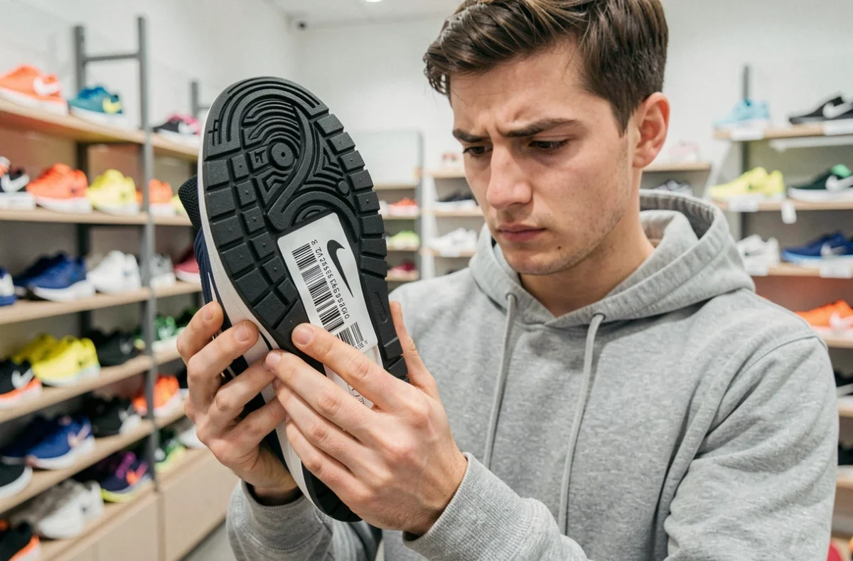 Jeune homme vérifiant le code UPC sur l'étiquette d'une Nike en magasin de sport