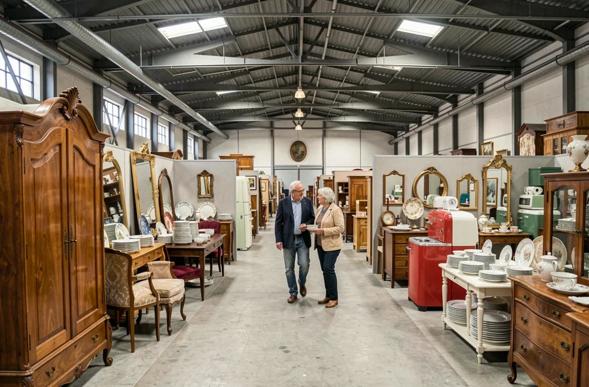 Intérieur du Village des Brocanteurs à Tignieu-Jameyzieu, vaste espace avec meubles anciens, miroirs et objets de collection dans des stands multiples