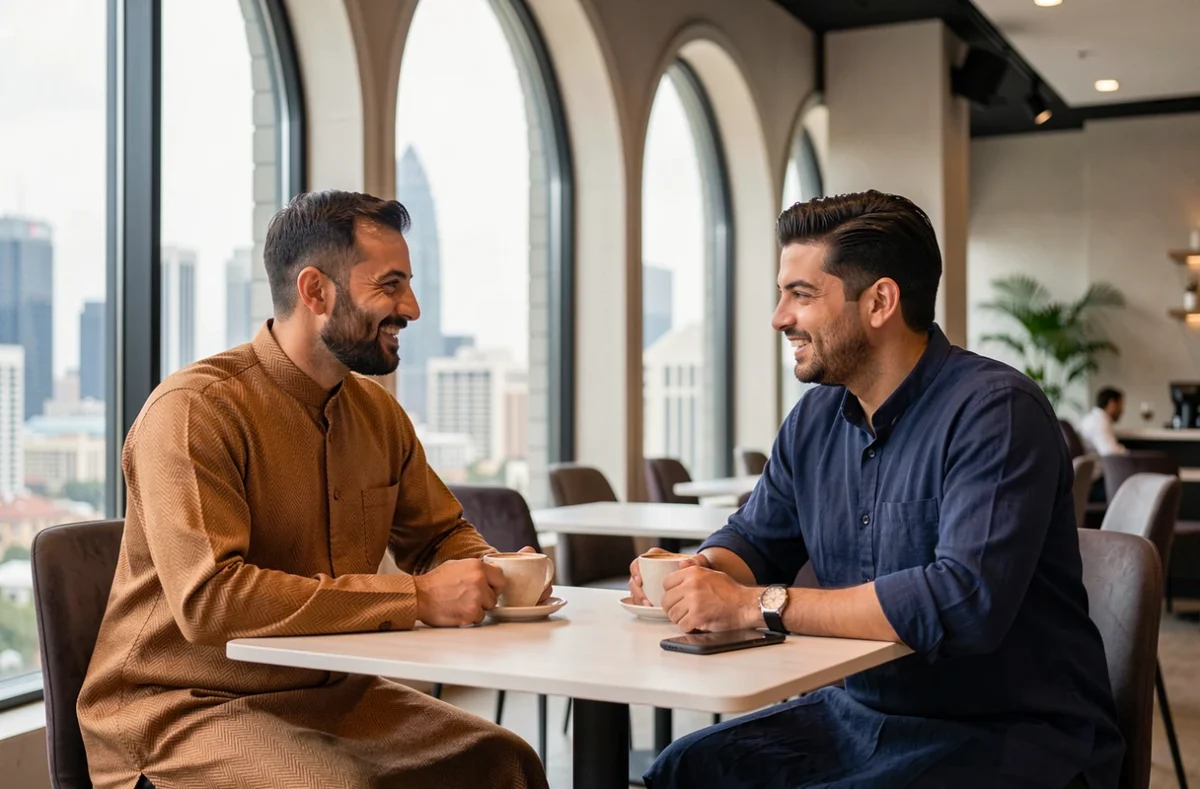 Deux hommes musulmans en tenue Wassat moderne discutant dans un café contemporain, mode islamique masculine tendance 2026