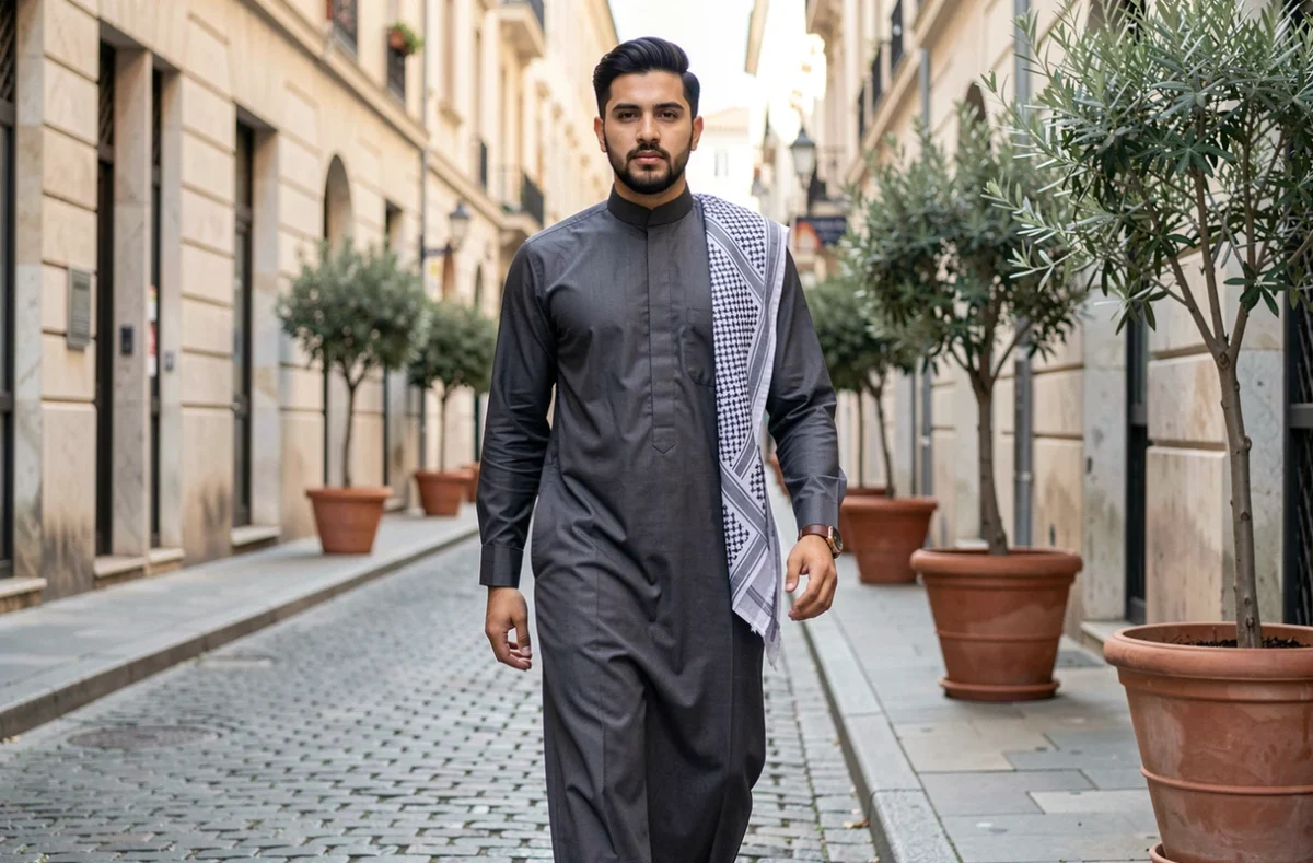 Homme musulman moderne en jubba gris anthracite marchant dans une rue pavée européenne, style vestimentaire islamique contemporain Wassat