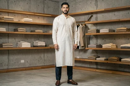 Homme musulman élégant portant un qamis moderne en lin blanc cassé dans une boutique de mode minimaliste, collection Wassat 2026