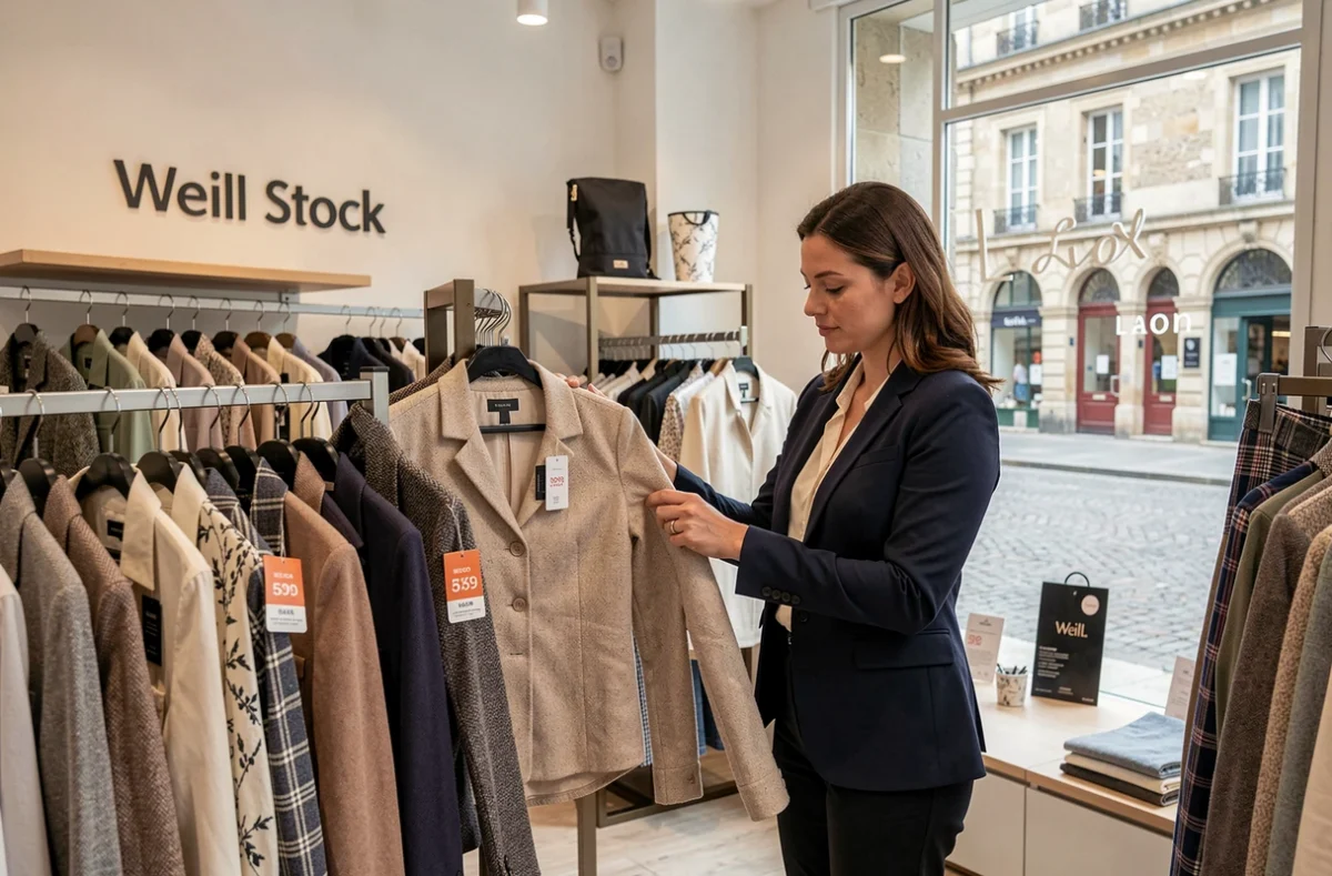 Weill Stock à Laon avec des vêtements de marque en déstockage sur des portants soignés dans une boutique élégante